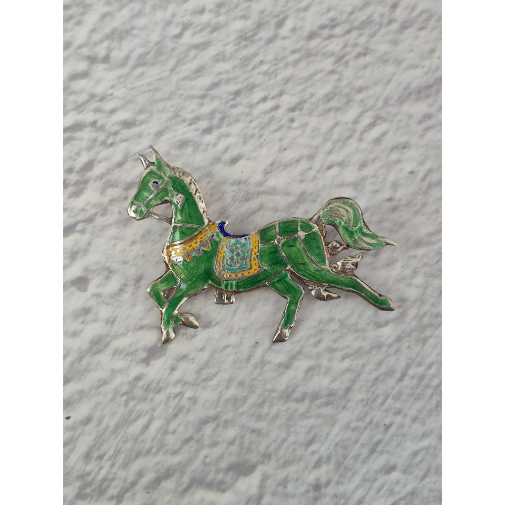 Vintage Sterling Silver Green Enamel Horse Brooch Equestrian Pin 2.25 Inch
